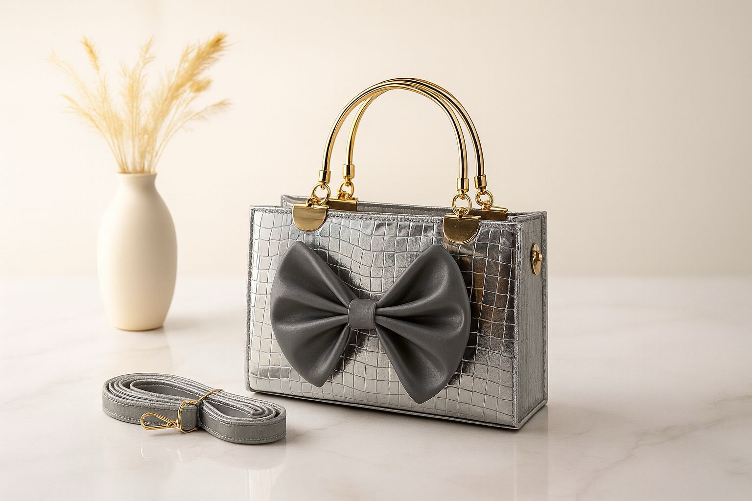 Bow Style Croc Texture Handbag — With Long Belt & Inside Pocket