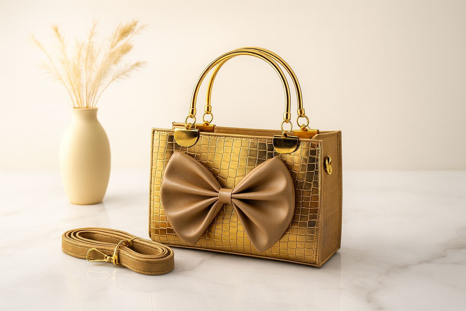 Bow Style Croc Texture Handbag — With Long Belt & Inside Pocket