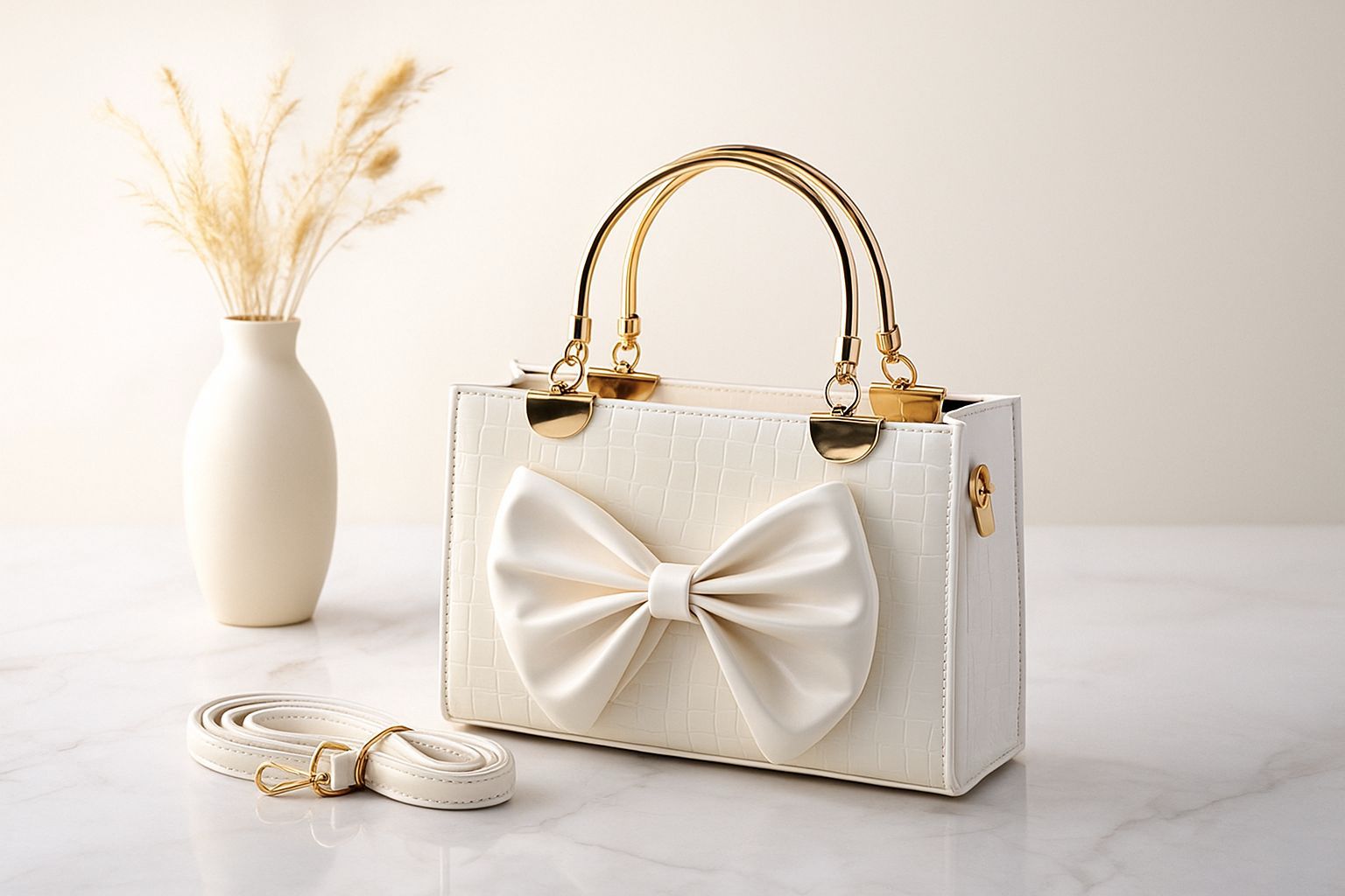 Bow Style Croc Texture Handbag — With Long Belt & Inside Pocket