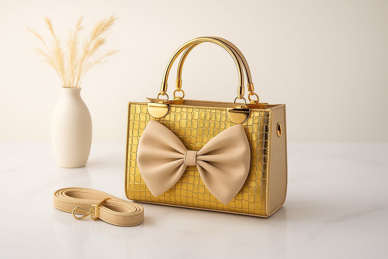 Bow Style Croc Texture Handbag — With Long Belt & Inside Pocket