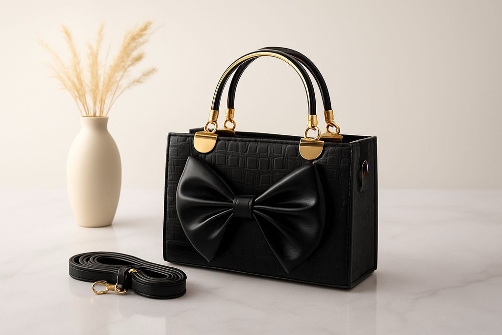 Bow Style Croc Texture Handbag — With Long Belt & Inside Pocket
