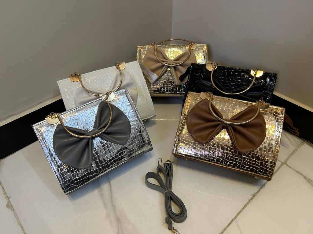 Bow Style Croc Texture Handbag — With Long Belt & Inside Pocket