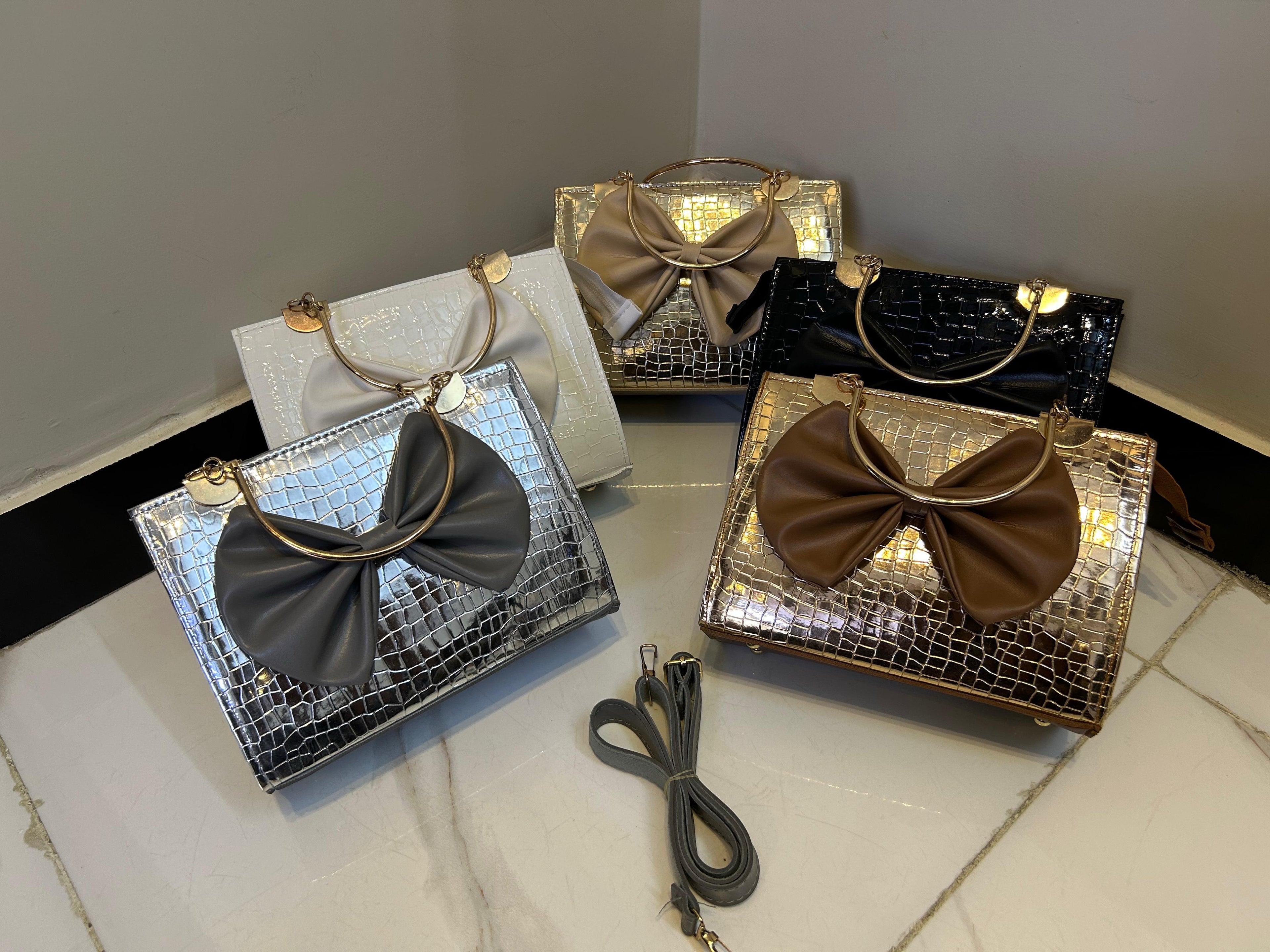 Bow Style Croc Texture Handbag — With Long Belt & Inside Pocket